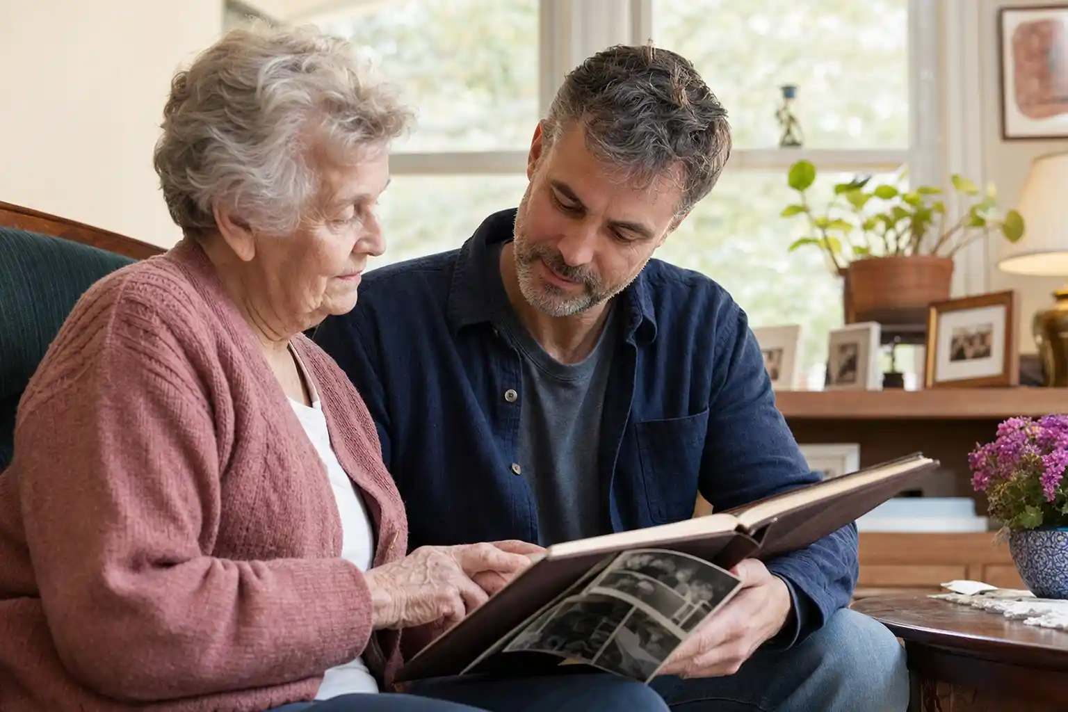 A hospice volunteer and an older adult looking through a photo album together