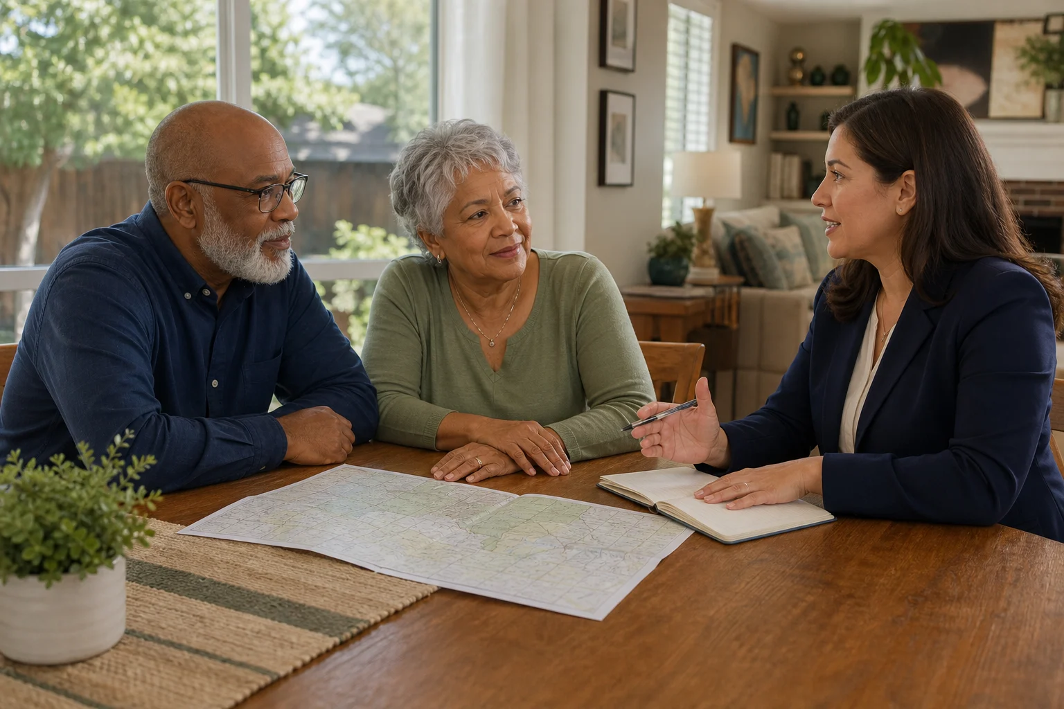 Hospice care coordinator discussing local service coverage with an older couple