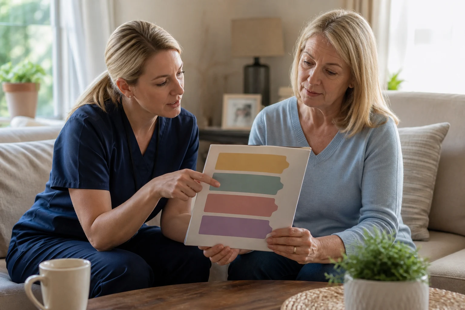 Hospice nurse explaining a care plan to an older adult