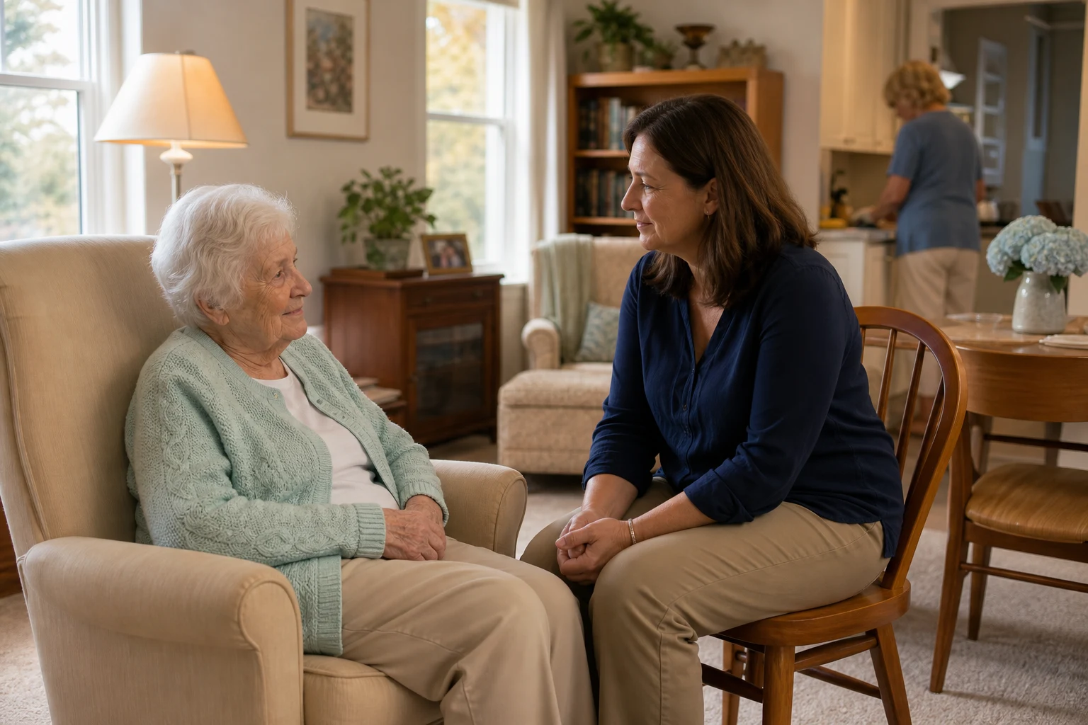 Older adult and family member talking in an assisted living residence