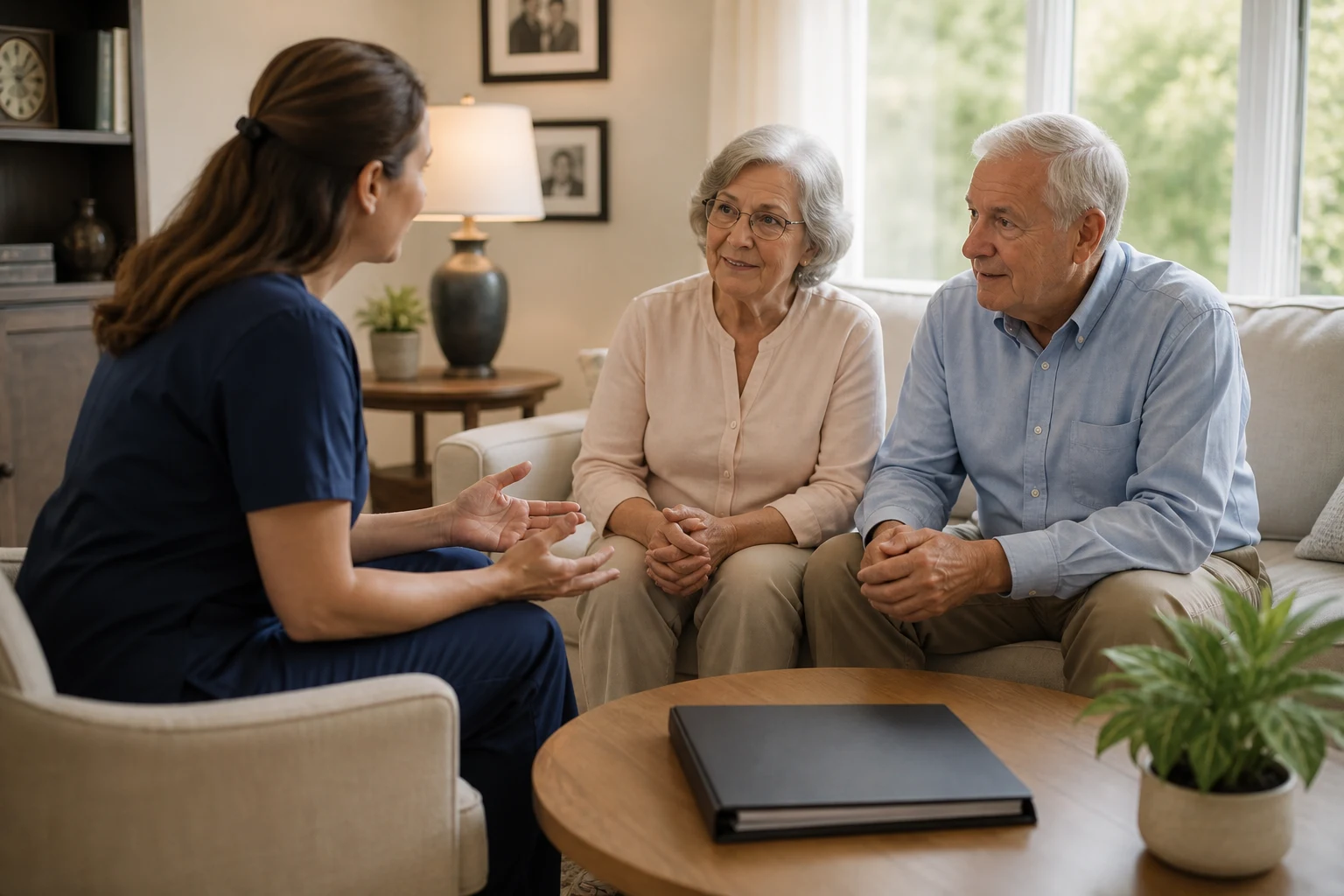 Hospice clinician discussing ongoing care with an older couple