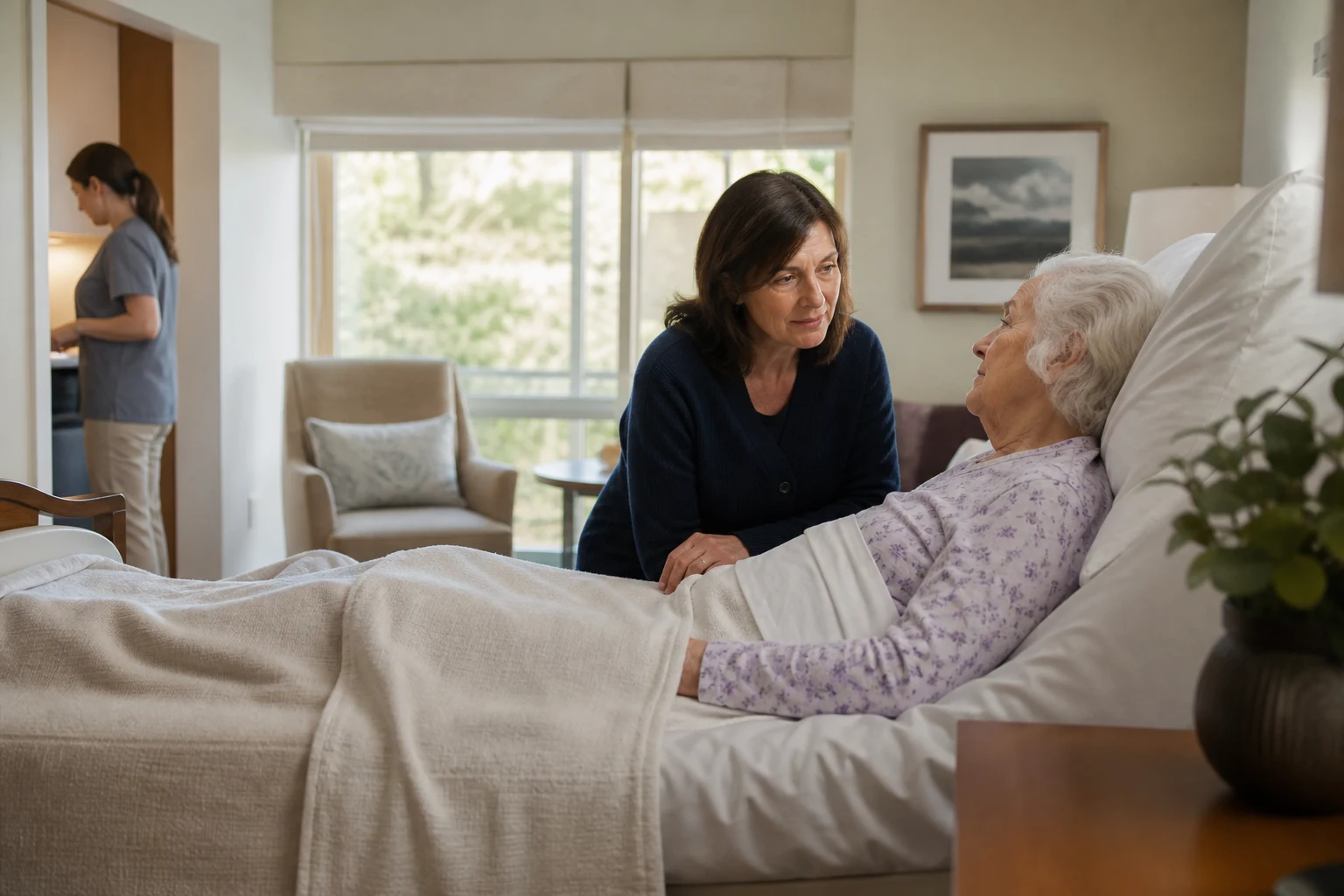 Family caregiver sitting with an older adult in a private care room