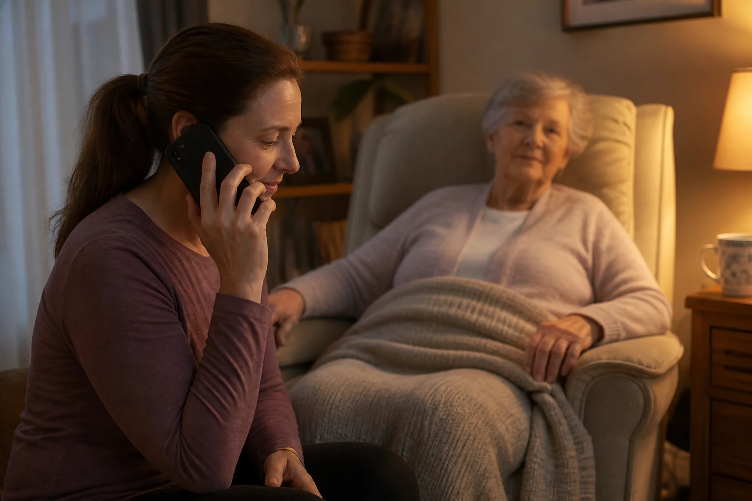 Family caregiver calling for support while an older adult rests at home