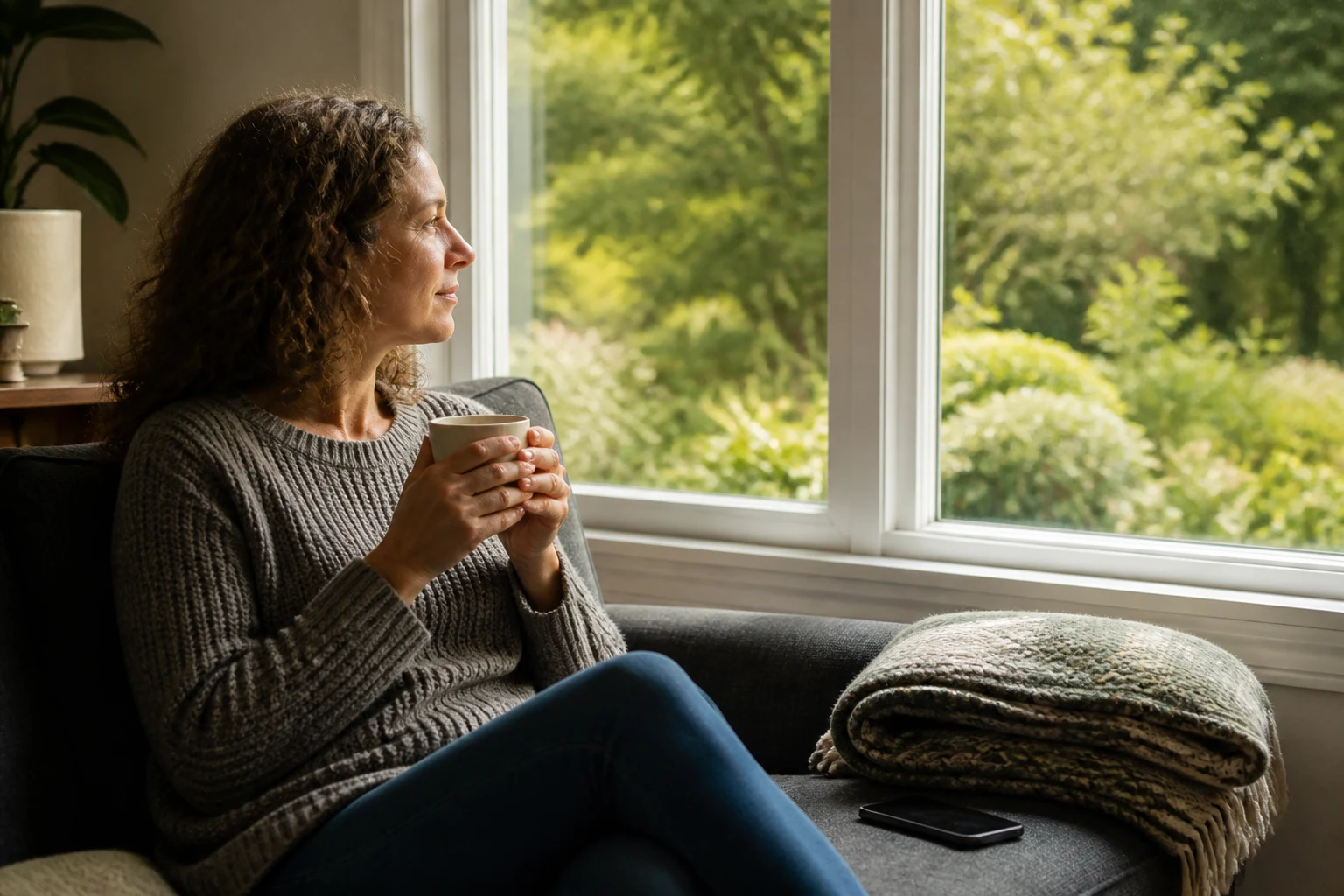 Family caregiver taking a quiet restorative moment at home