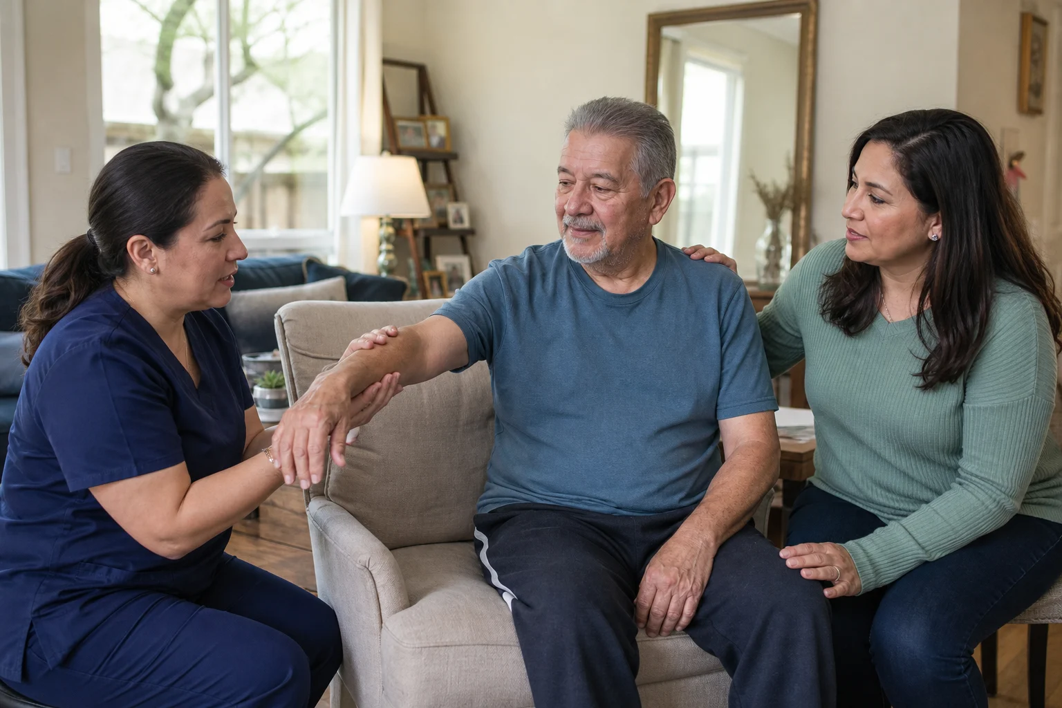Hospice nurse supporting an older stroke survivor during a gentle mobility check at home