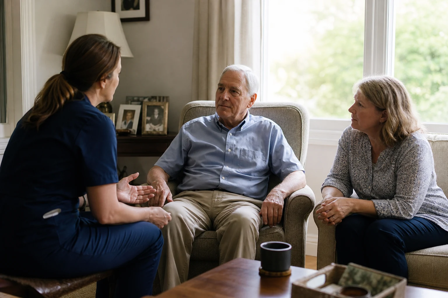 Hospice nurse listening to an older adult and family caregiver at home