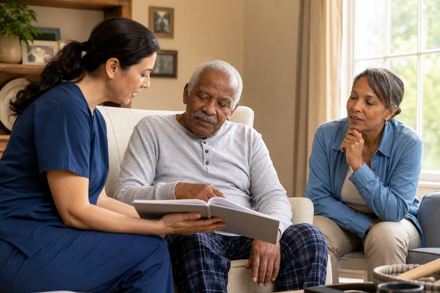 Hospice clinician discussing a symptom management plan with a patient and family caregiver