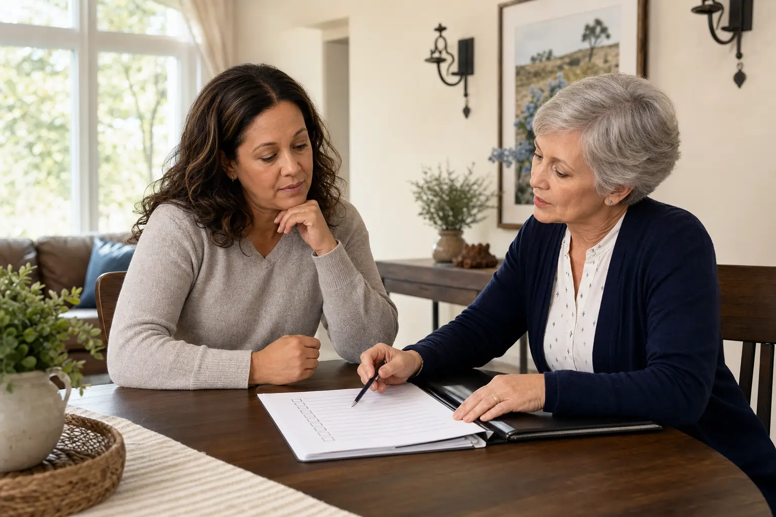 Two adults discussing a volunteer role checklist in a home setting
