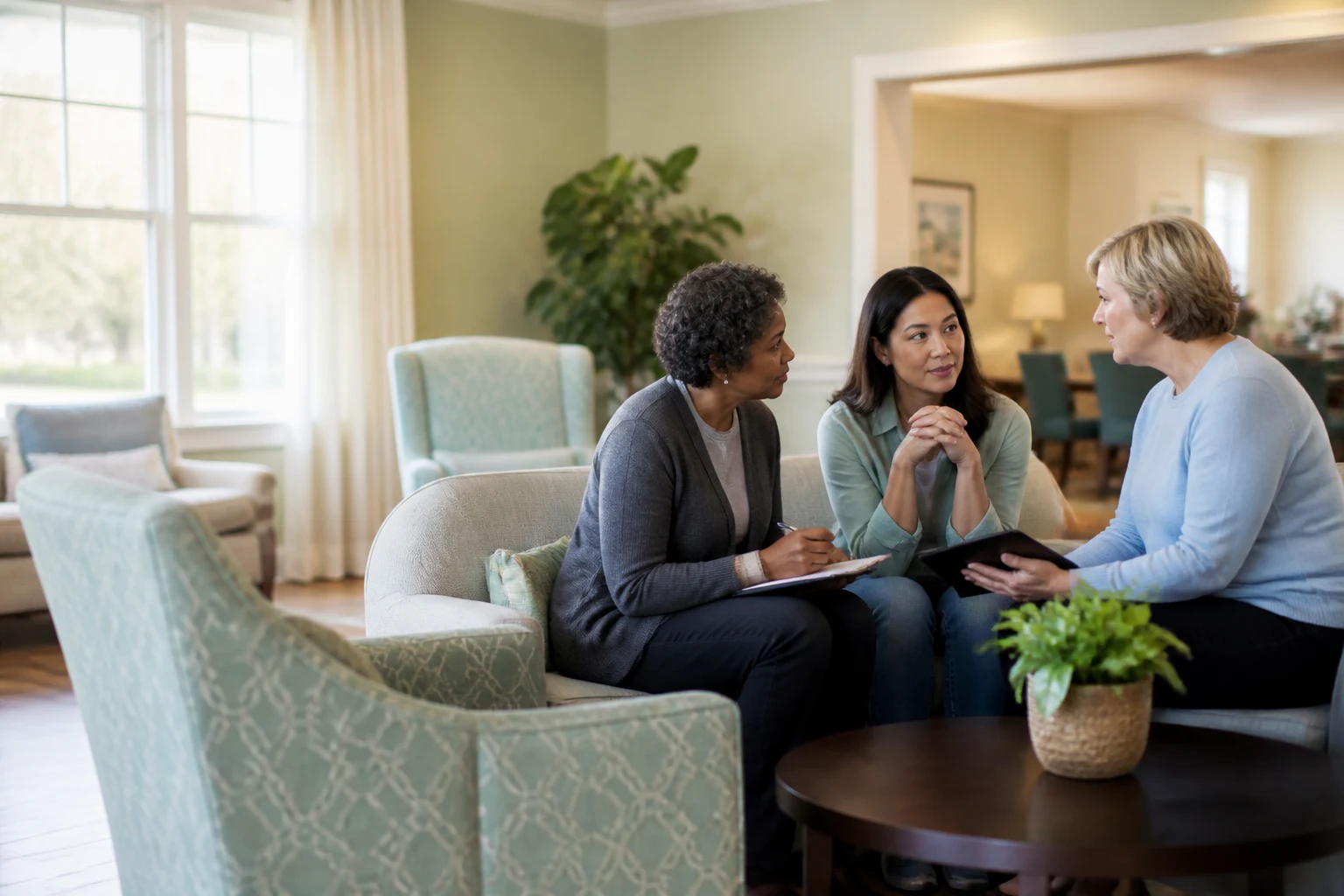 Senior living staff and a family caregiver talking through care coordination